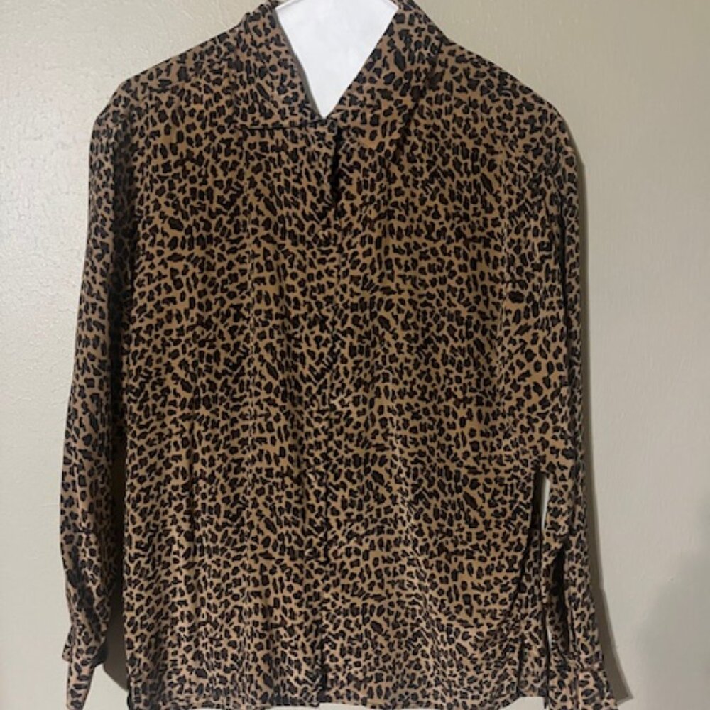 100% Silk Blouse by Allison Taylor - Tan with Black & Dark Brown Animal Print.